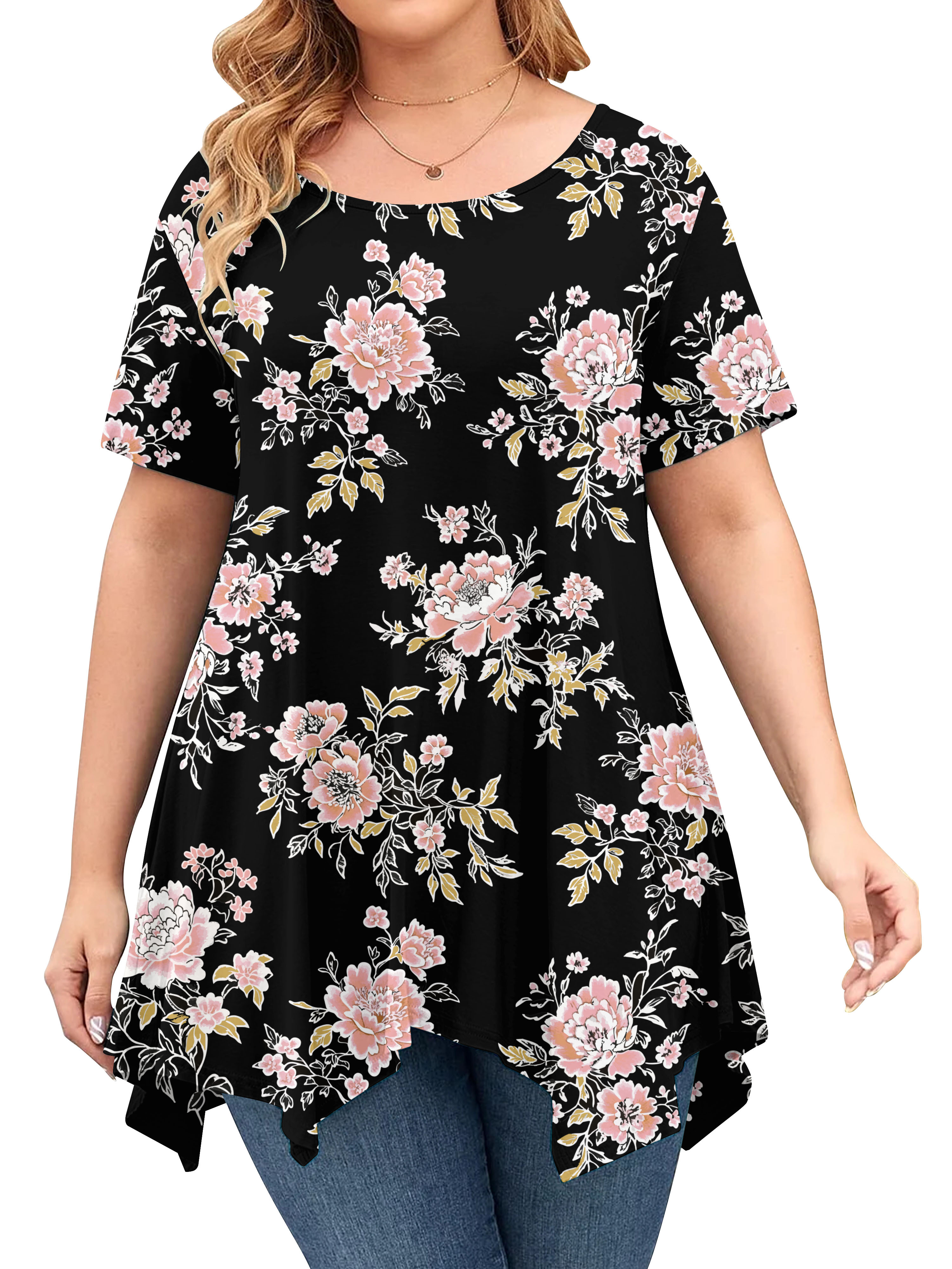 Lollipie Womens Plus Size Tops Clearance Tunic Short Sleeve Crew Neck Shirts Casual Soft Blouse